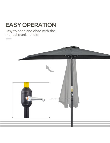 Outsunny 3(m) Half Parasol Semi Round Umbrella Patio Metal Frame Crank Handle for Balcony-- NO BASE INCLUDED, Black 84D-008V00BK - pic 50437 | FastDaddyshop