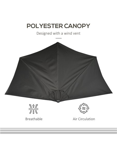 Outsunny 3(m) Half Parasol Semi Round Umbrella Patio Metal Frame Crank Handle for Balcony-- NO BASE INCLUDED, Black 84D-008V00BK - pic 50438 | FastDaddyshop