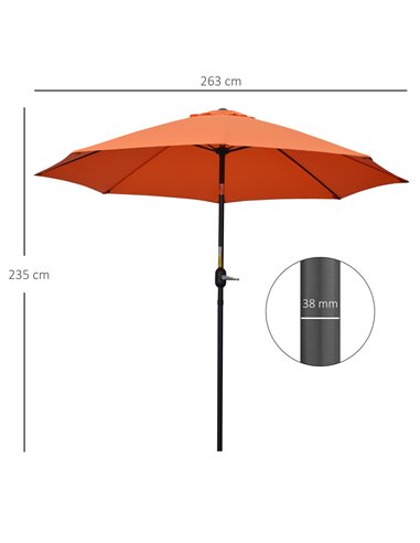 Outsunny 2.6M Patio Parasol Sun Umbrella, Tilt Shade Shelter Canopy with Crank 8 Ribs Aluminium Frame, Orange 84D-023V00OG