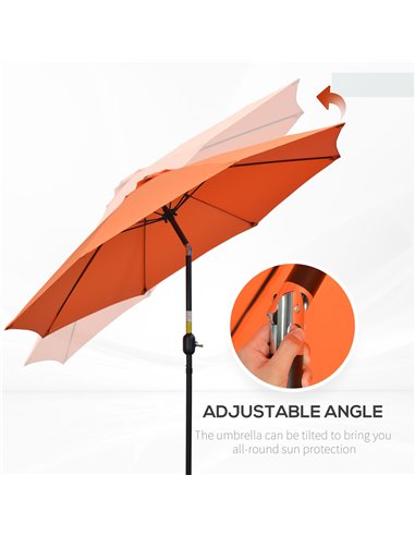 Outsunny 2.6M Patio Parasol Sun Umbrella, Tilt Shade Shelter Canopy with Crank 8 Ribs Aluminium Frame, Orange 84D-023V00OG