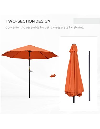 Outsunny 2.6M Patio Parasol Sun Umbrella, Tilt Shade Shelter Canopy with Crank 8 Ribs Aluminium Frame, Orange 84D-023V00OG