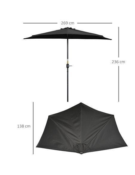 Outsunny 2.7m Balcony Half Parasol 5 Steel Ribs Construction Garden Outdoor Umbrella Black 84D-007V00BK - pic 50454 | FastDaddyshop
