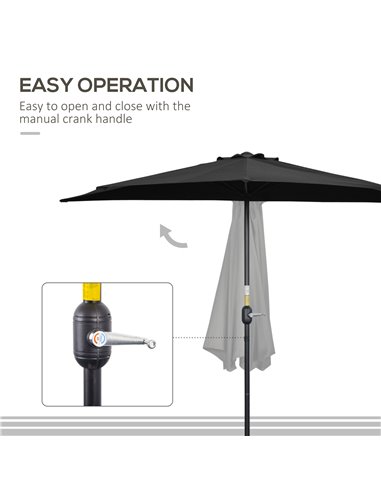 Outsunny 2.7m Balcony Half Parasol 5 Steel Ribs Construction Garden Outdoor Umbrella Black 84D-007V00BK