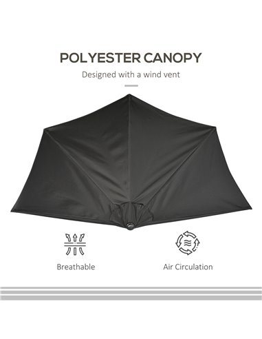 Outsunny 2.7m Balcony Half Parasol 5 Steel Ribs Construction Garden Outdoor Umbrella Black 84D-007V00BK