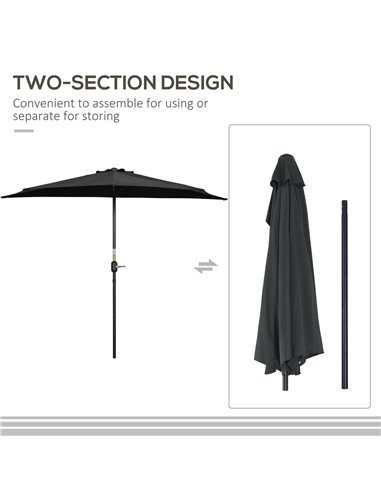 Outsunny 2.7m Balcony Half Parasol 5 Steel Ribs Construction Garden Outdoor Umbrella Black 84D-007V00BK