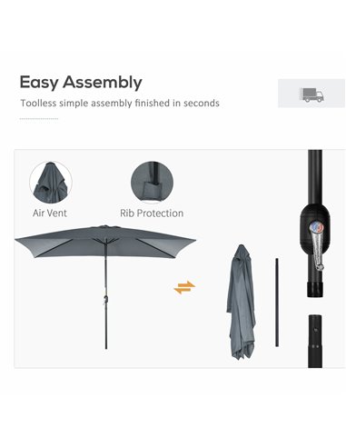 Outsunny 3x2m Patio Parasol Garden Umbrellas Canopy with Aluminum Tilt Crank Rectangular Sun Shade Steel, Dark Grey 84D-013V00CG