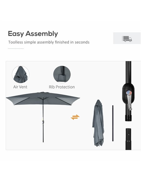 Outsunny 3x2m Patio Parasol Garden Umbrellas Canopy with Aluminum Tilt Crank Rectangular Sun Shade Steel, Dark Grey 84D-013V00CG - pic 50475 | FastDaddyshop