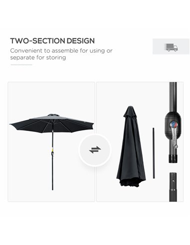 Outsunny 3(m) Tilting Parasol Garden Umbrellas, Outdoor Sun Shade with 8 Ribs, Tilt and Crank Handle for Balcony, Bench, Garden,