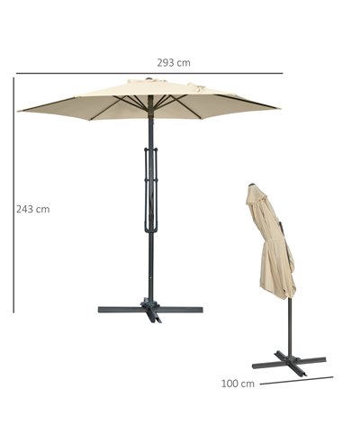 Outsunny 3m Cantilever Parasol with Easy Lever, Patio Umbrella with Crank Handle, Cross Base and 6 Metal Ribs, Outdoor Sun Shade