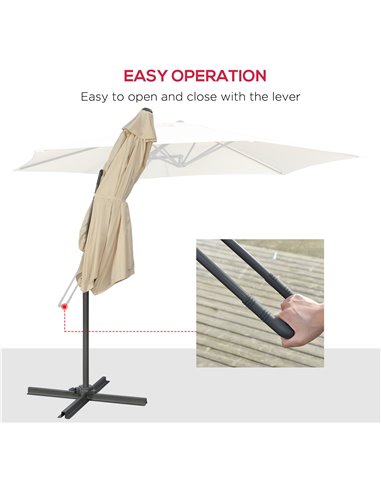 Outsunny 3m Cantilever Parasol with Easy Lever, Patio Umbrella with Crank Handle, Cross Base and 6 Metal Ribs, Outdoor Sun Shade