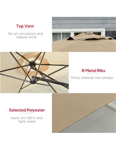 Outsunny 3m Cantilever Parasol with Easy Lever, Patio Umbrella with Crank Handle, Cross Base and 6 Metal Ribs, Outdoor Sun Shade