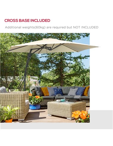 Outsunny 3m Cantilever Parasol with Easy Lever, Patio Umbrella with Crank Handle, Cross Base and 6 Metal Ribs, Outdoor Sun Shade