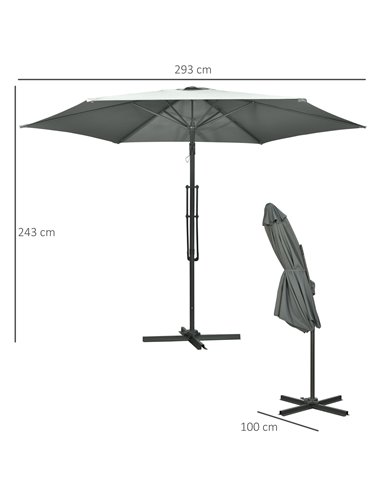 Outsunny 3m Cantilever Parasol with Easy Lever, Patio Umbrella with Crank Handle, Cross Base and 6 Metal Ribs, Outdoor Sun Shade