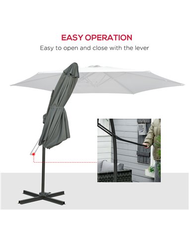 Outsunny 3m Cantilever Parasol with Easy Lever, Patio Umbrella with Crank Handle, Cross Base and 6 Metal Ribs, Outdoor Sun Shade