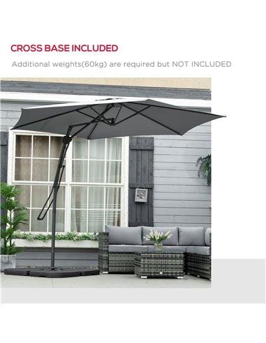 Outsunny 3m Cantilever Parasol with Easy Lever, Patio Umbrella with Crank Handle, Cross Base and 6 Metal Ribs, Outdoor Sun Shade