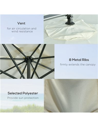 Outsunny 3(m) Garden Parasol Sun Shade Banana Umbrella Cantilever with Crank Handle, Cross Base Beige 84D-096V02BG