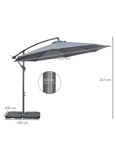 Outsunny 3(m) Garden Parasol Sun Shade Banana Umbrella Cantilever with Crank Handle, Cross Base Dark Grey 84D-096V02CG