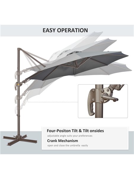 Outsunny 3(m) Cantilever Parasol 360° Rotation Roma Umbrella Hanging Sun Shade with Aluminum Frame, Tilt Crank, 8 Ribs and Cross - pic 50581 | FastDaddyshop