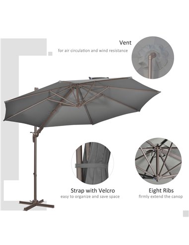 Outsunny 3(m) Cantilever Parasol 360° Rotation Roma Umbrella Hanging Sun Shade with Aluminum Frame, Tilt Crank, 8 Ribs and Cross
