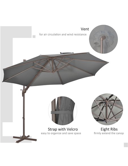 Outsunny 3(m) Cantilever Parasol 360° Rotation Roma Umbrella Hanging Sun Shade with Aluminum Frame, Tilt Crank, 8 Ribs and Cross - pic 50583 | FastDaddyshop