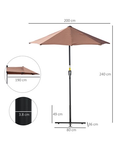 Outsunny 2m Half Parasol Market Umbrella Garden Balcony Parasol with Crank Handle, Base, Double-Sided Canopy, Coffee 84D-175V00C