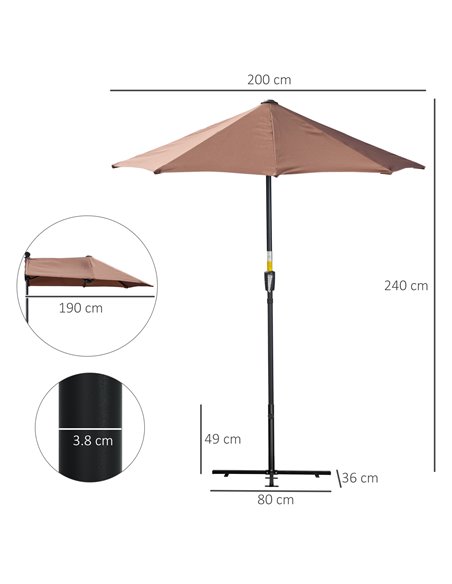 Outsunny 2m Half Parasol Market Umbrella Garden Balcony Parasol with Crank Handle, Base, Double-Sided Canopy, Coffee 84D-175V00C - pic 50589 | FastDaddyshop