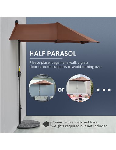 Outsunny 2m Half Parasol Market Umbrella Garden Balcony Parasol with Crank Handle, Base, Double-Sided Canopy, Coffee 84D-175V00C