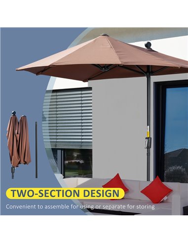 Outsunny 2m Half Parasol Market Umbrella Garden Balcony Parasol with Crank Handle, Base, Double-Sided Canopy, Coffee 84D-175V00C