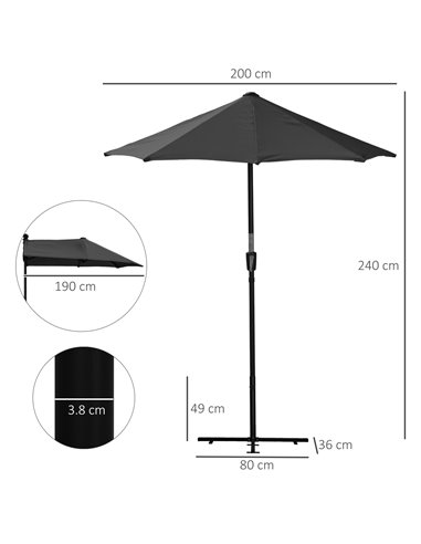 Outsunny 2m Half Parasol Market Umbrella Garden Balcony Parasol with Crank Handle, Base, Double-Sided Canopy, Black 84D-175V00BK