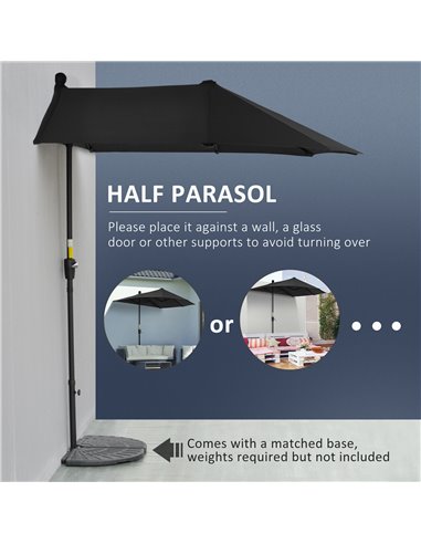 Outsunny 2m Half Parasol Market Umbrella Garden Balcony Parasol with Crank Handle, Base, Double-Sided Canopy, Black 84D-175V00BK