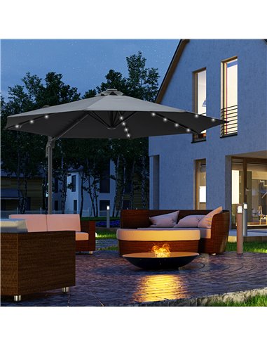 Outsunny 3(m) Square Outdoor Umbrella Patio Sun Umbrella with Crank & Tilt LED Solar Light Cross Base 360° Rotating Outdoor, Dar