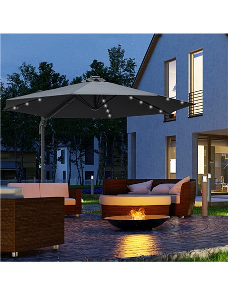 Outsunny 3(m) Square Outdoor Umbrella Patio Sun Umbrella with Crank & Tilt LED Solar Light Cross Base 360° Rotating Outdoor, Dar - pic 50624 | FastDaddyshop