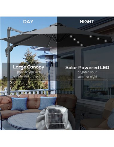 Outsunny 3(m) Square Outdoor Umbrella Patio Sun Umbrella with Crank & Tilt LED Solar Light Cross Base 360° Rotating Outdoor, Dar