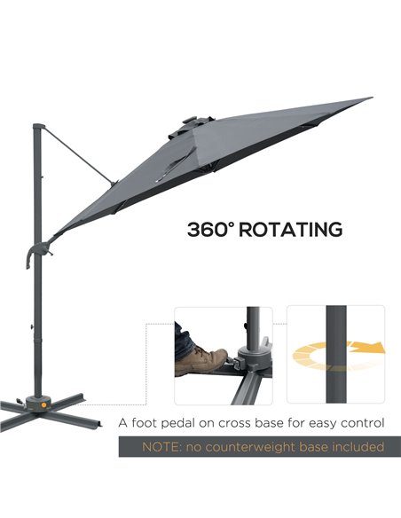 Outsunny 3(m) Square Outdoor Umbrella Patio Sun Umbrella with Crank & Tilt LED Solar Light Cross Base 360° Rotating Outdoor, Dar - pic 50627 | FastDaddyshop