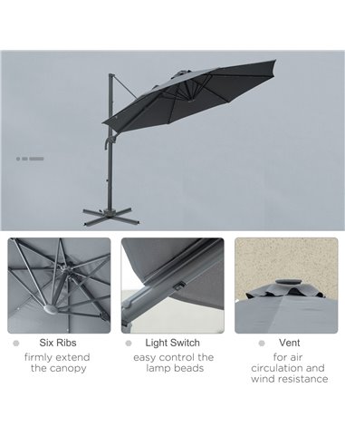 Outsunny 3(m) Square Outdoor Umbrella Patio Sun Umbrella with Crank & Tilt LED Solar Light Cross Base 360° Rotating Outdoor, Dar