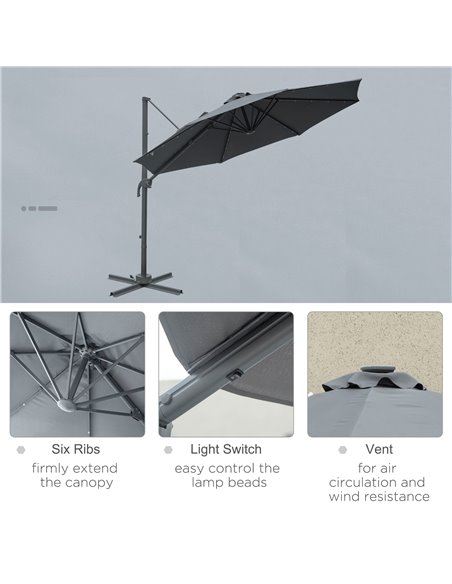 Outsunny 3(m) Square Outdoor Umbrella Patio Sun Umbrella with Crank & Tilt LED Solar Light Cross Base 360° Rotating Outdoor, Dar - pic 50629 | FastDaddyshop