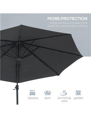 Outsunny 3(m) Square Outdoor Umbrella Patio Sun Umbrella with Crank & Tilt LED Solar Light Cross Base 360° Rotating Outdoor, Dar