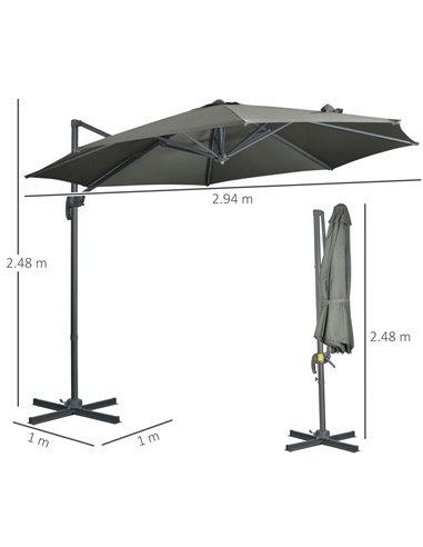 Outsunny 3 x 3(m) Cantilever Parasol with Cross Base, Garden Umbrella with 360° Rotation, Crank Handle and Tilt for Outdoor, Pat