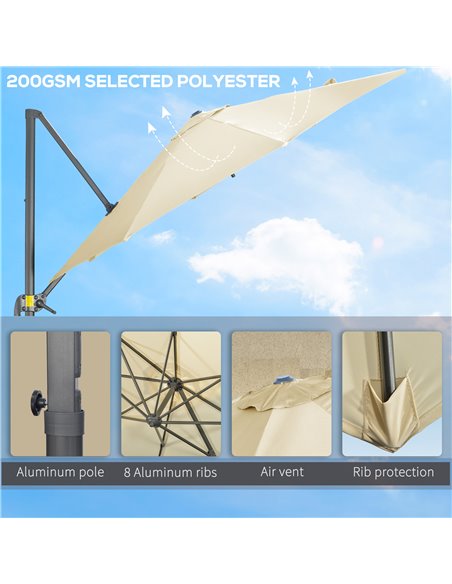 Outsunny 3 x 3(m) Cantilever Parasol with Cross Base, Garden Umbrella with 360° Rotation, Crank Handle and Tilt for Outdoor, Pat - pic 50647 | FastDaddyshop