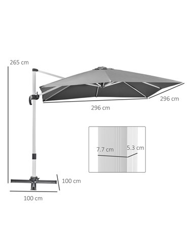 Outsunny 3 x 3(m) Cantilever Parasol, Square Garden Umbrella with Cross Base, Crank Handle, Tilt, 360° Rotation and Aluminium Fr