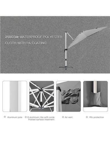 Outsunny 3 x 3(m) Cantilever Parasol, Square Garden Umbrella with Cross Base, Crank Handle, Tilt, 360° Rotation and Aluminium Fr
