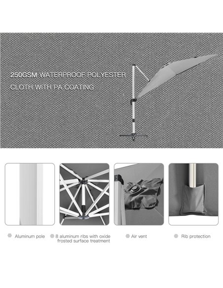 Outsunny 3 x 3(m) Cantilever Parasol, Square Garden Umbrella with Cross Base, Crank Handle, Tilt, 360° Rotation and Aluminium Fr - pic 50664 | FastDaddyshop