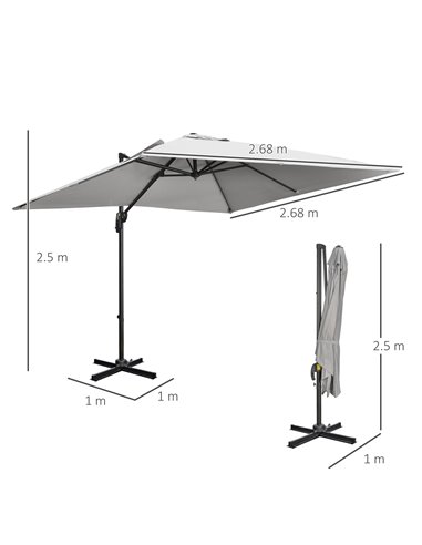Outsunny 2.7 x 2.7 m Cantilever Parasol, Square Overhanging Umbrella with Cross Base, Crank Handle, Tilt, 360° Rotation and Alum