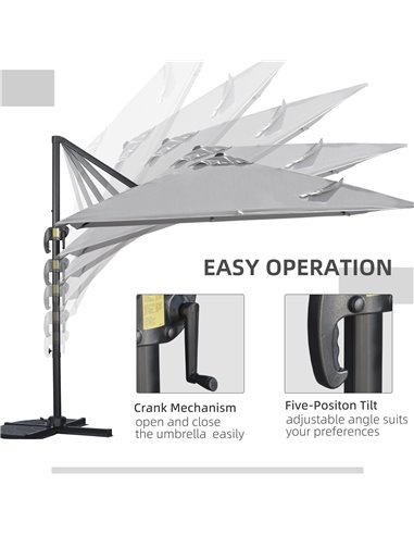 Outsunny 2.7 x 2.7 m Cantilever Parasol, Square Overhanging Umbrella with Cross Base, Crank Handle, Tilt, 360° Rotation and Alum