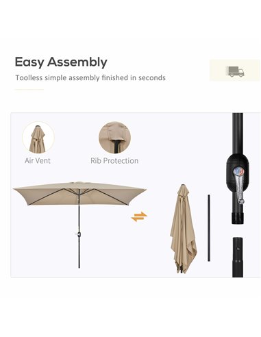 Outsunny 3x2m Patio Parasol Garden Umbrellas Canopy with Aluminum Tilt Crank Rectangular Sun Shade Steel, Khaki 84D-013V00KK