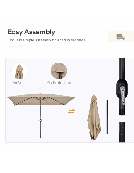 Outsunny 3x2m Patio Parasol Garden Umbrellas Canopy with Aluminum Tilt Crank Rectangular Sun Shade Steel, Khaki 84D-013V00KK - pic 50719 | FastDaddyshop