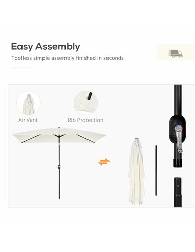 Outsunny 3x2m Patio Parasol Garden Umbrellas Canopy with Aluminum Tilt Crank Rectangular Sun Shade Steel, Cream White 84D-013V00