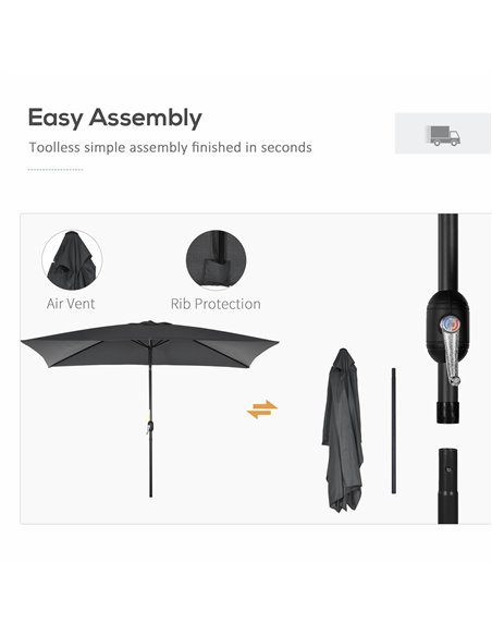 Outsunny 3x2m Patio Parasol Garden Umbrellas Canopy with Aluminum Tilt Crank Rectangular Sun Shade Steel, Black 84D-013V00BK - pic 50763 | FastDaddyshop