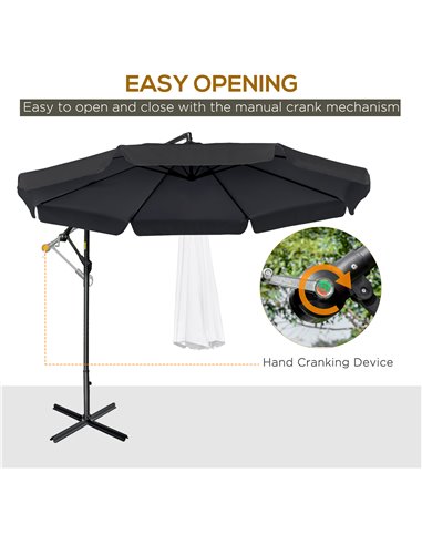 Outsunny 2.7m Banana Parasol Cantilever Umbrella with Crank Handle and Cross Base for Outdoor, Hanging Sun Shade, Black  84D-161
