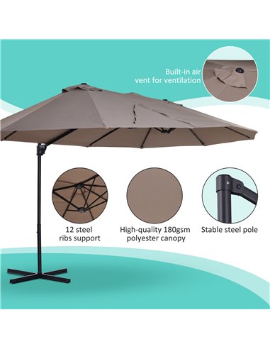 Outsunny Double Canopy Offset Parasol Umbrella Garden Shade with 12 Support Ribs Crank Handle Easy Lift Twin Canopy Brown 84D-08